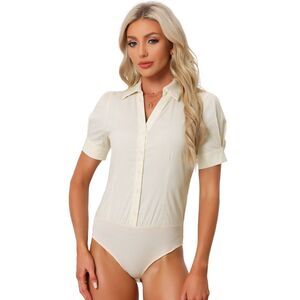 Button Down Leotard Shirt Short Sleeve Collared Work Bodysuit Tops Beige